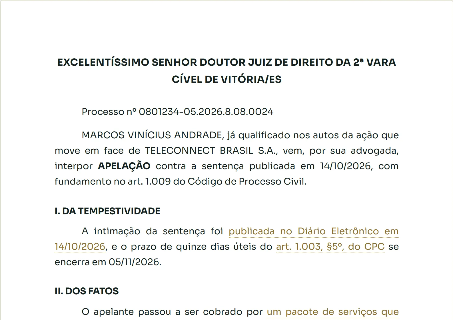 Apelação produzida pela Veriztia, com os trechos que têm fonte sublinhados em dourado.