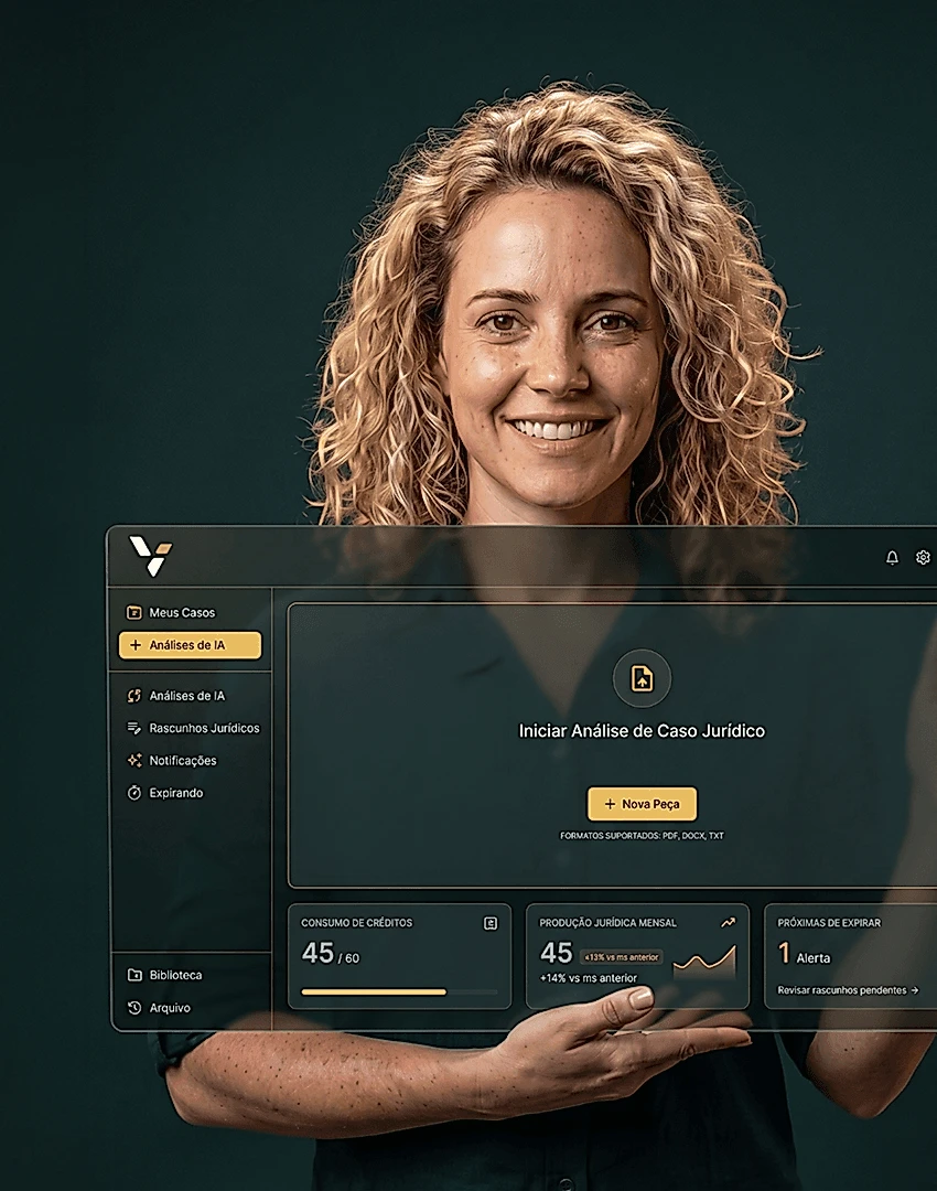Advogada segurando o painel da Veriztia com a análise de caso jurídico.