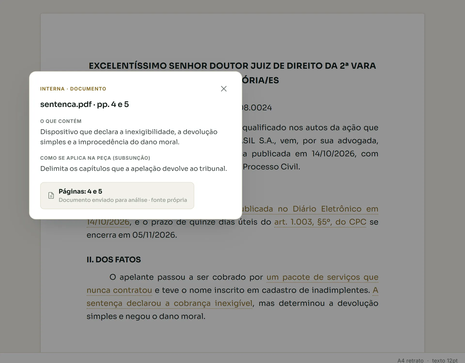 Pré-visualização de uma apelação com os trechos ancorados em destaque e a referência aberta, apontando a sentença e as páginas que sustentam o trecho.
